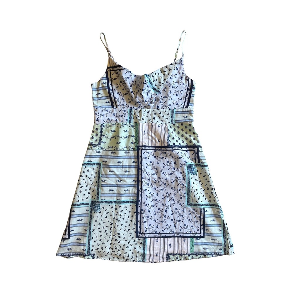 Loft‎ Patchwork Cottagecore Floral Mini Cotton Blend Cami Dress Blue Green 8
